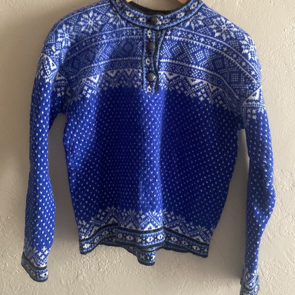 LL BEAN Vintage Henley Fair Isle 100% Merino Wool  Blue Sweater Fall Winter Sz M - Picture 2 of 10